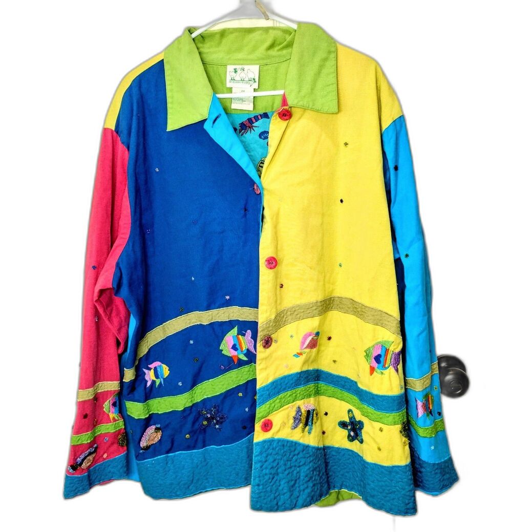 The Quacker Factory Tropical Fish Bright Colorful Jacket Beading Quilt Size 2X